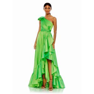 Mac Duggal Bow One Shoulder Ruffle Asymmetrical Hem Gown in Spring Green Size 4
